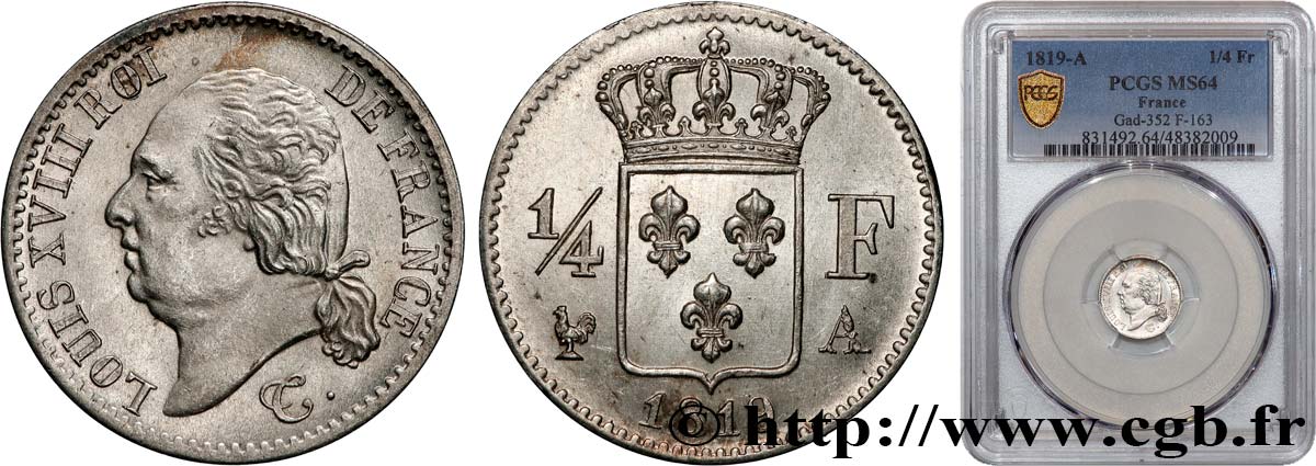 1/4 franc Louis XVIII 1819 Paris F.163/15 fST64 PCGS