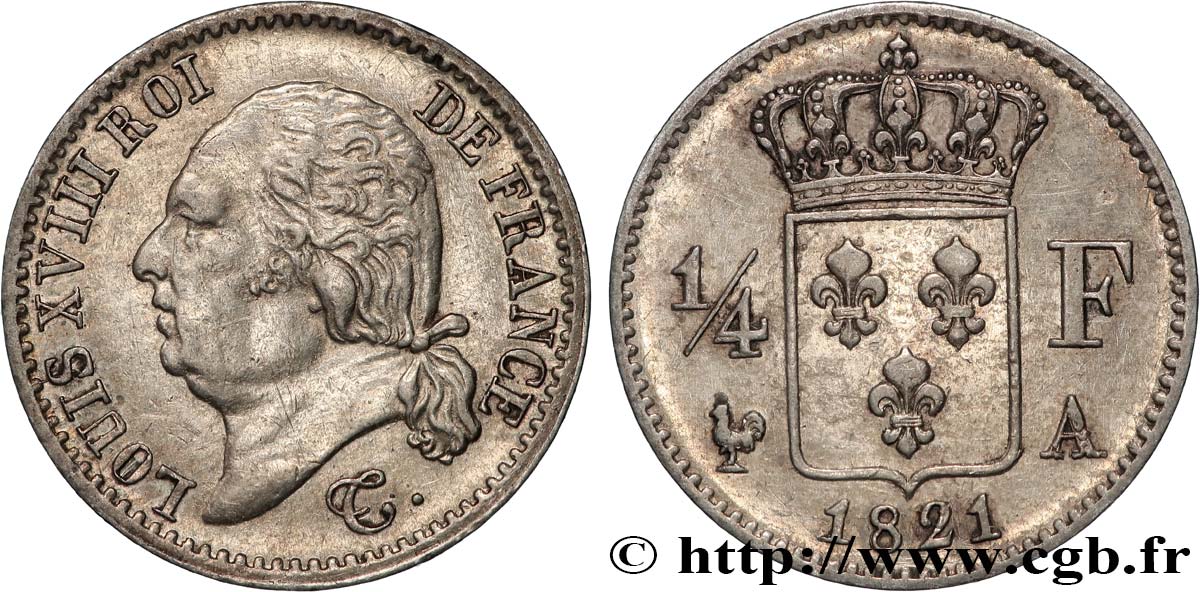 1/4 franc Louis XVIII 1821 Paris F.163/20 MBC 