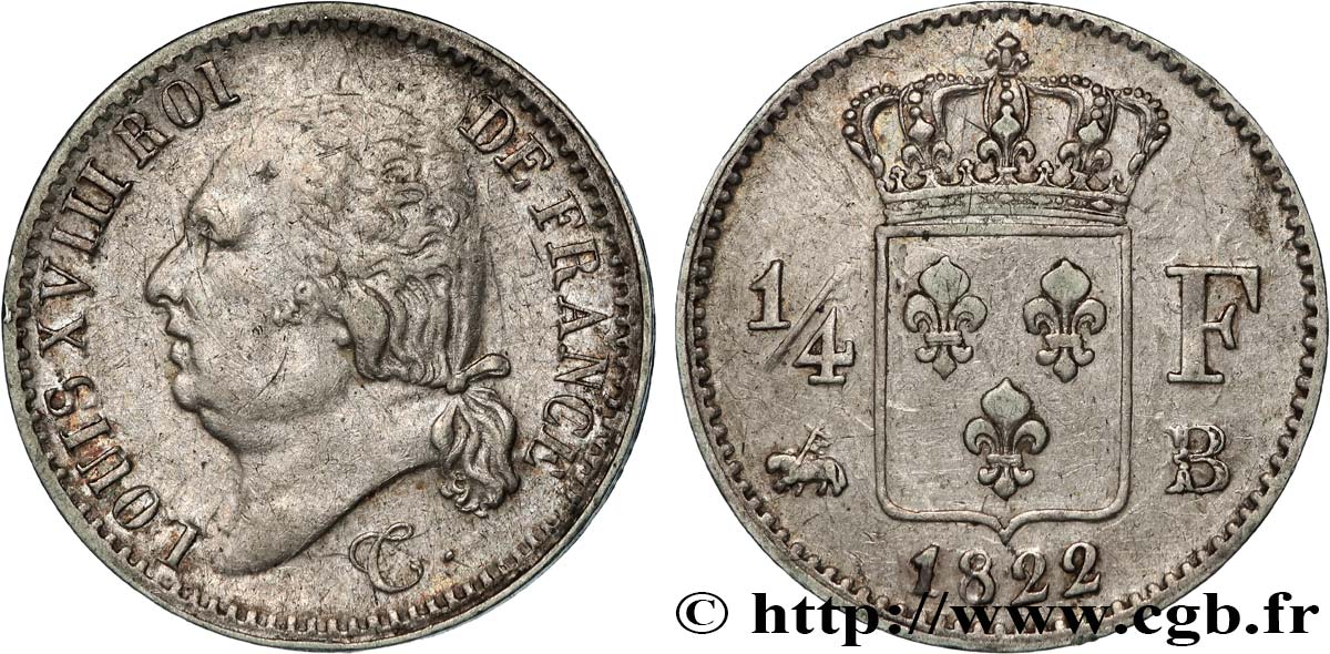 1/4 franc Louis XVIII 1822 Rouen F.163/22 XF 