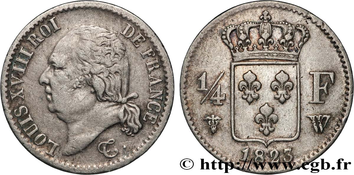 1/4 franc Louis XVIII 1823 Lille F.163/30 q.BB 