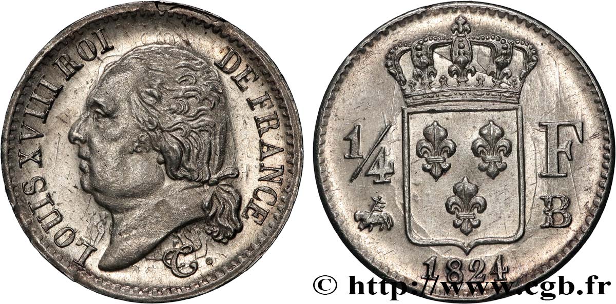 1/4 franc Louis XVIII  1824 Rouen F.163/32 SUP+ 