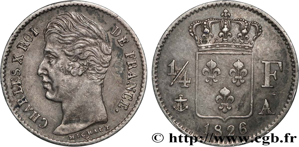 1/4 franc Charles X 1826 Paris F.164/2 TTB53 