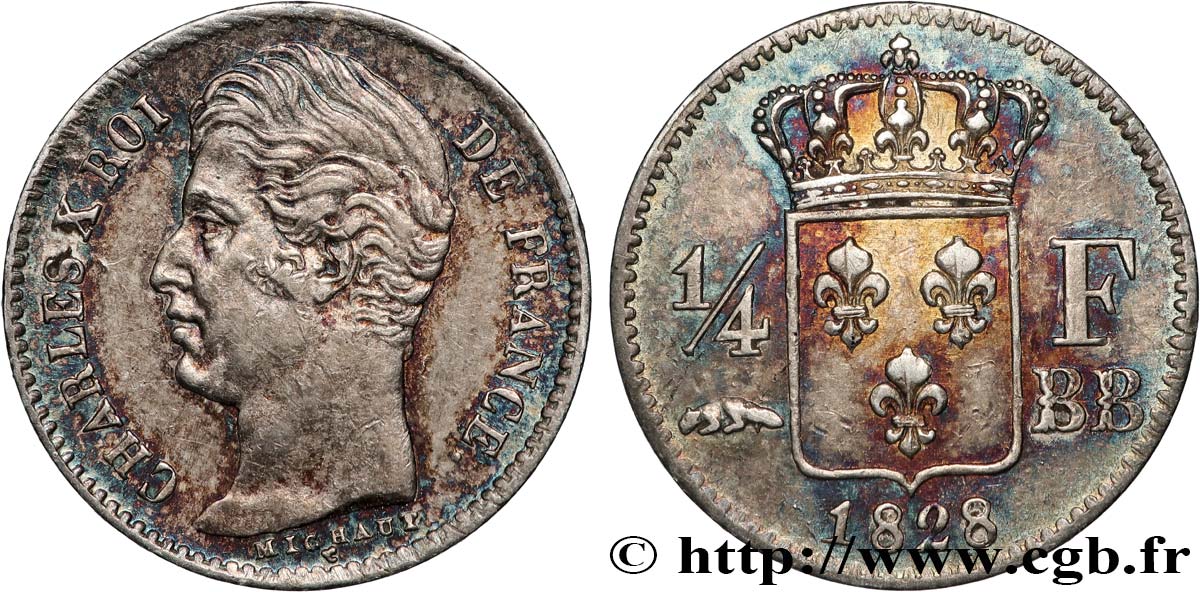 1/4 franc Charles X 1828 Strasbourg F.164/20 MBC+ 