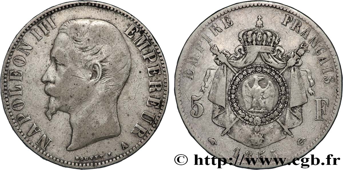 5 francs Napoléon III, tête nue 1855 Paris F.330/3 B+ 