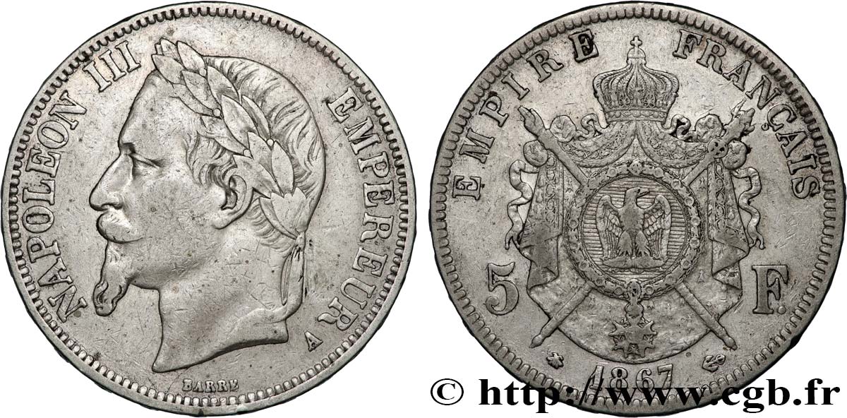 5 francs Napoléon III, tête laurée 1867 Paris F.331/10 TB 