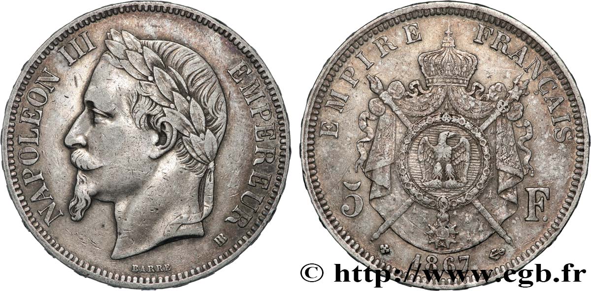 5 francs Napoléon III, tête laurée 1867 Strasbourg F.331/11 BB 