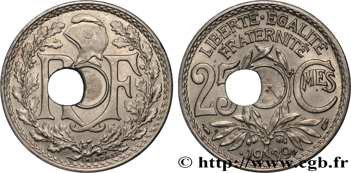 25 centimes Lindauer, maillechort, trou décentré 1939  F.172/3 var. SUP 