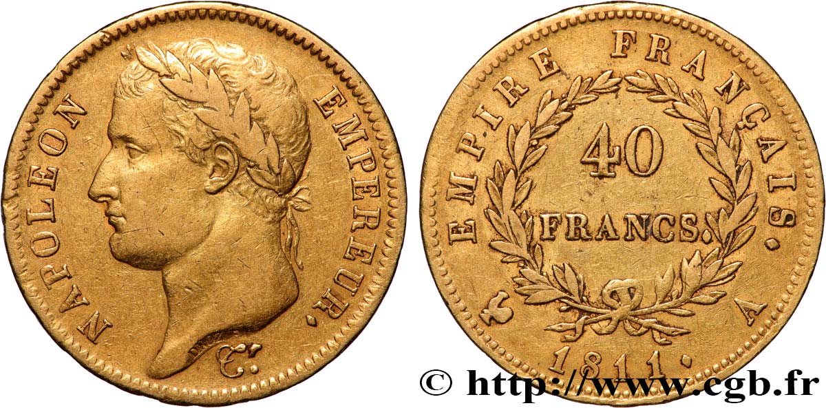 40 francs or Napoléon tête laurée, Empire français 1811 Paris F.541/6 VF 