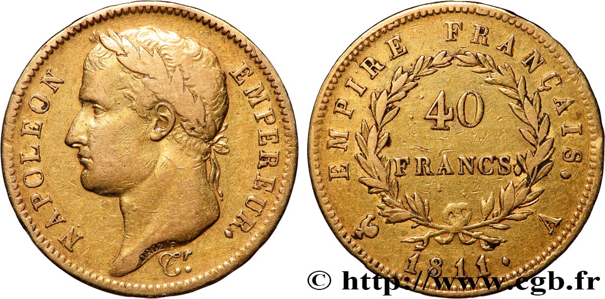 40 francs or Napoléon tête laurée, Empire français 1811 Paris F.541/6 VF 