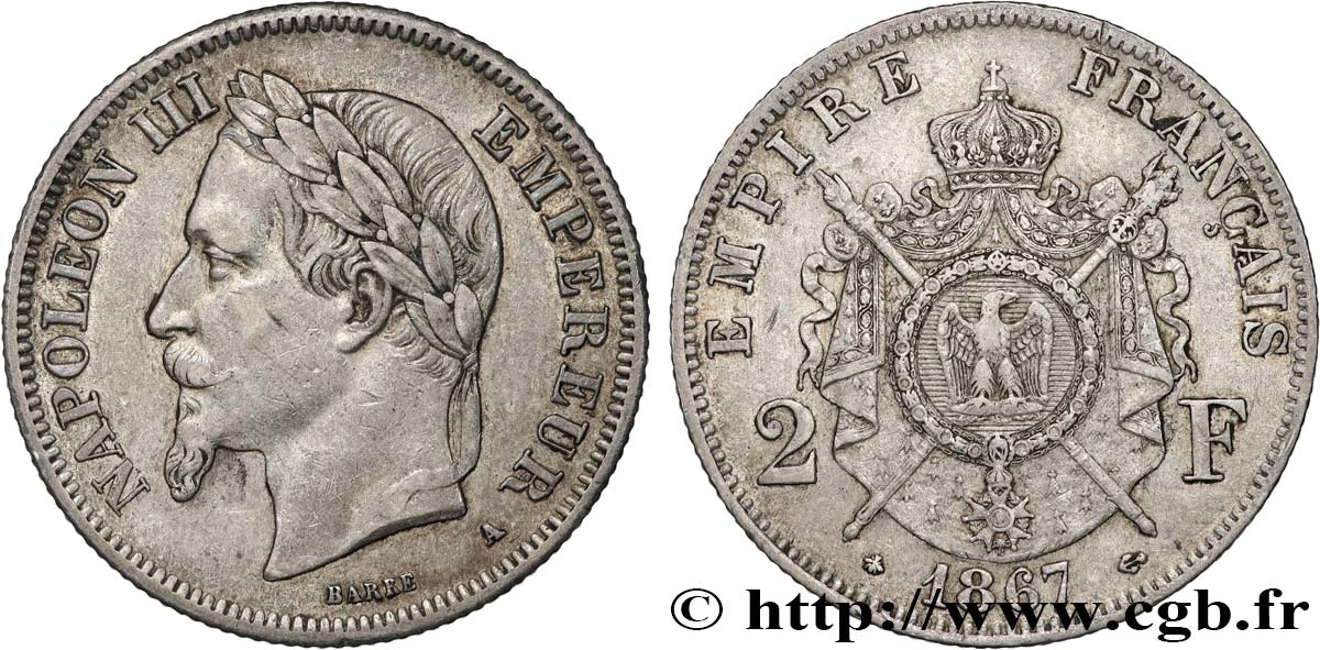 2 francs Napoléon III, tête laurée 1867 Paris F.263/5 AU50 