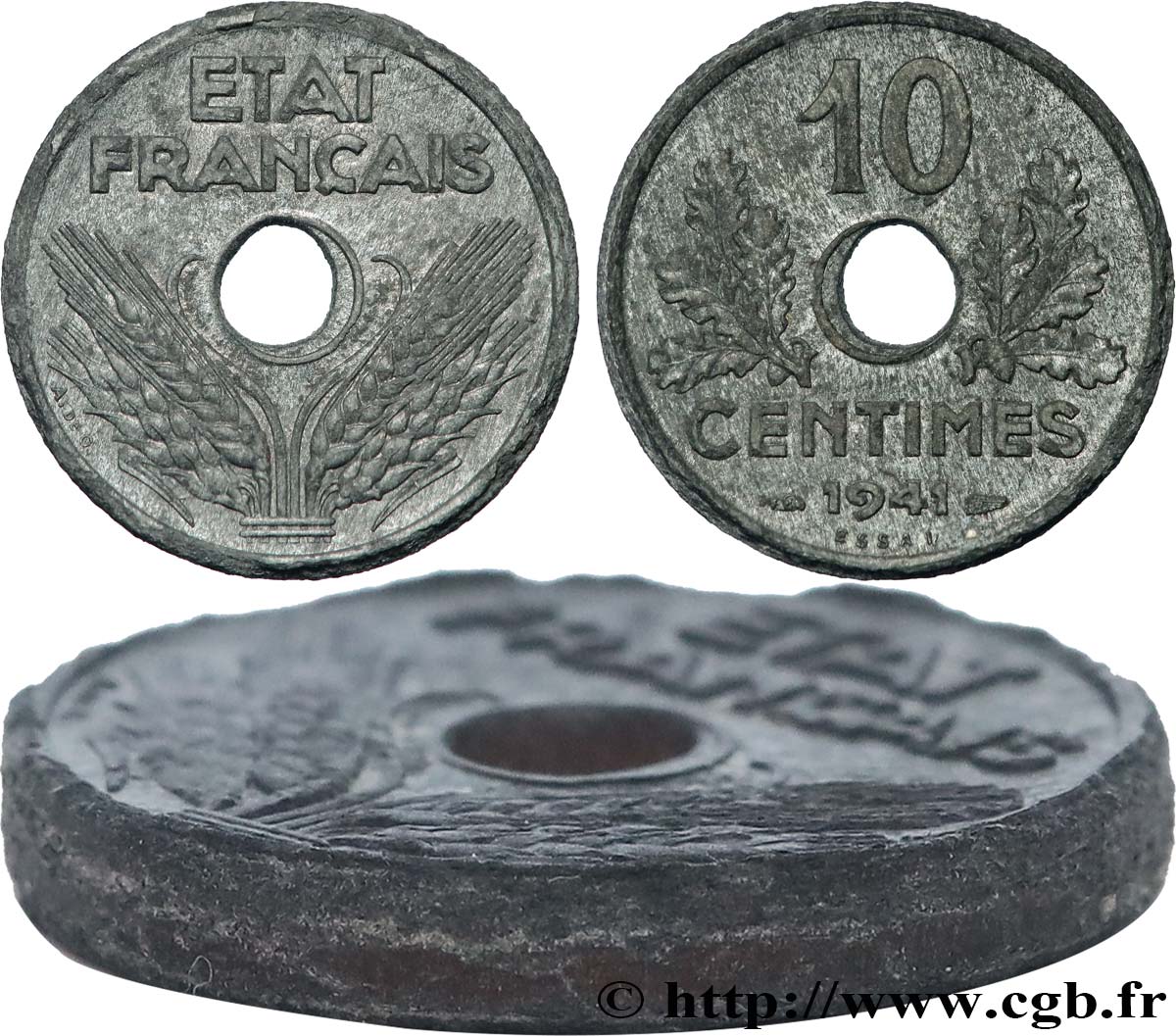 Essai-piéfort de 10 centimes État français, grand module 1941 Paris GEM.44 EP TTB+ 