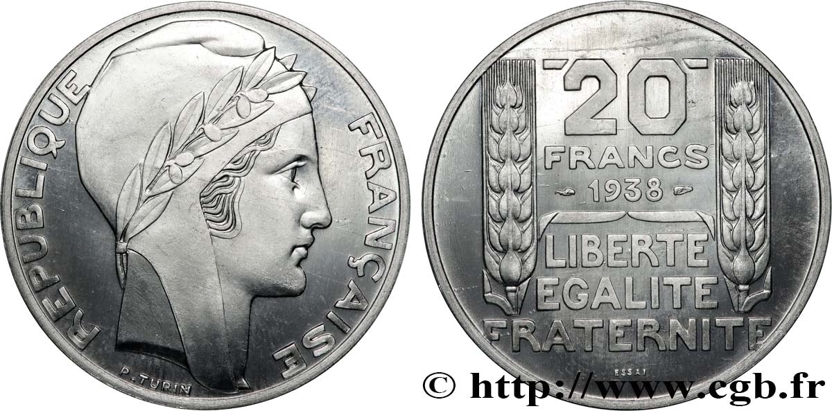 Essai de 20 francs Turin, en aluminium, tranche lisse, 4 g 1938 Paris GEM.200  7 SC 
