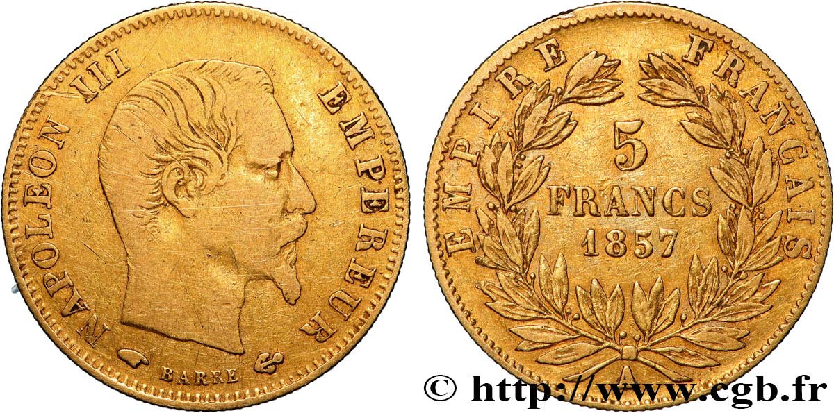 5 francs or Napoléon III, tête nue, grand module 1857 Paris F.501/4 TB 