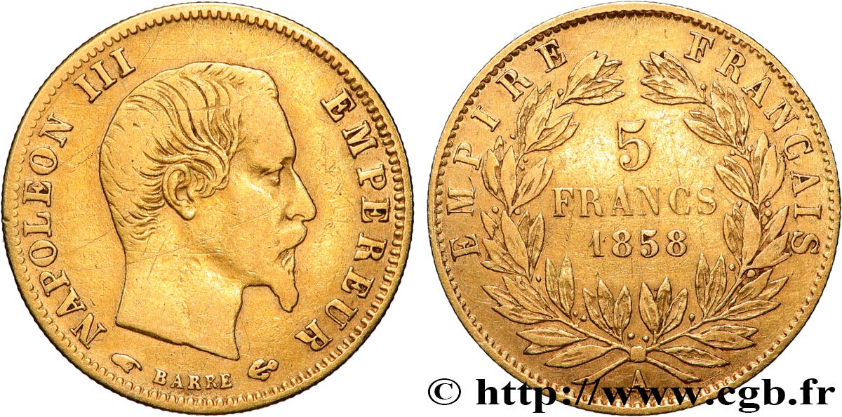 5 francs or Napoléon III, tête nue, grand module 1858 Paris F.501/5 S 
