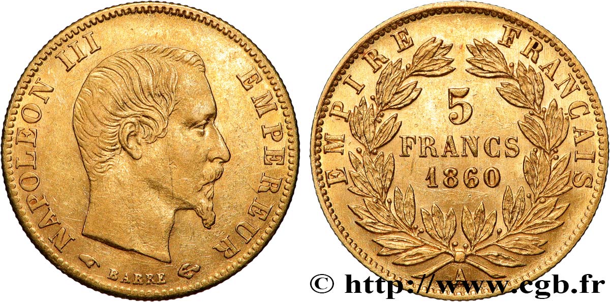 5 francs or Napoléon III, tête nue, grand module 1860 Paris F.501/10 TTB+ 