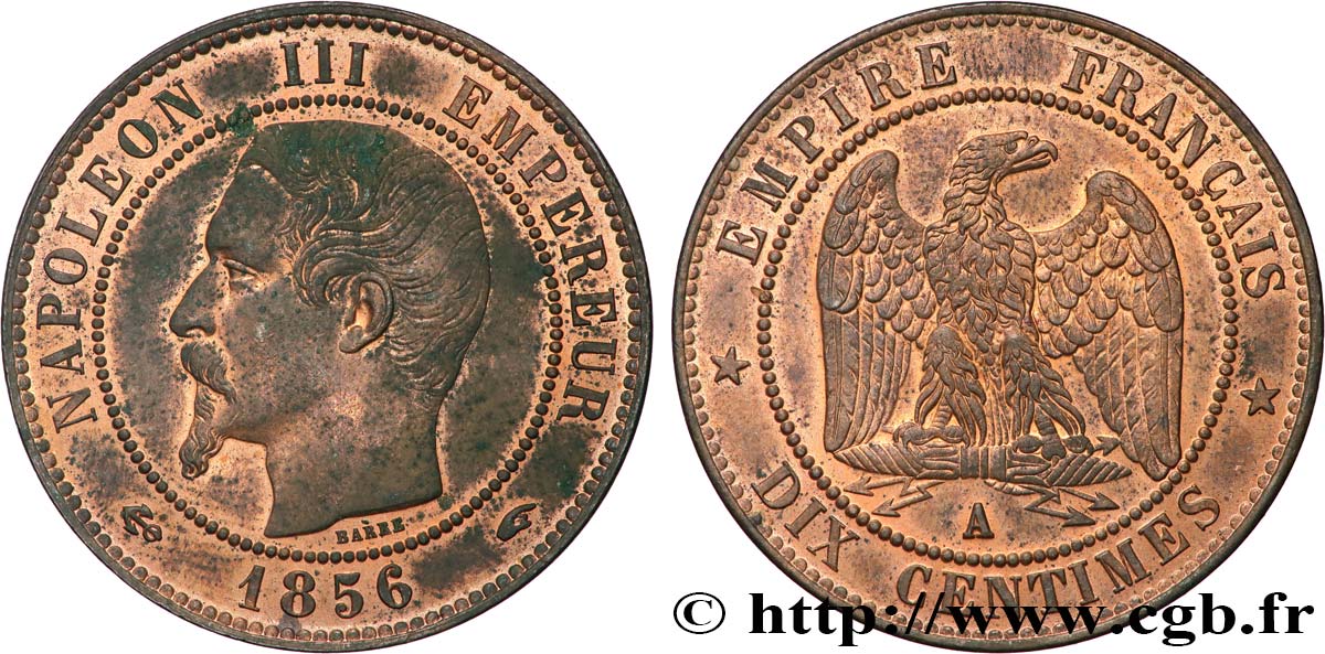 Dix centimes Napoléon III, tête nue 1856 Paris F.133/34 SUP/SUP+ 