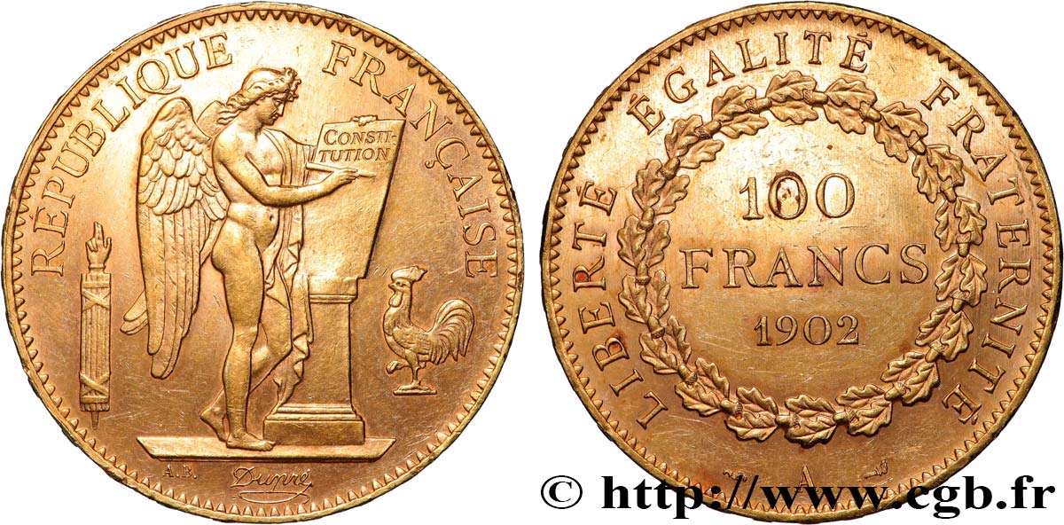 100 francs or Génie, tranche inscrite en relief Dieu protège la France 1902 Paris F.552/15 SUP+ 