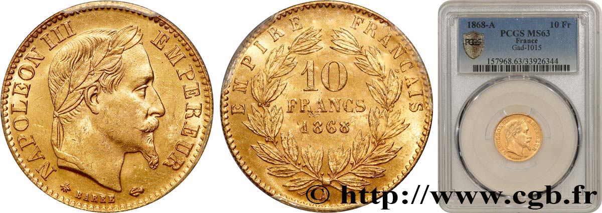 10 francs or Napoléon III, tête laurée 1868 Paris F.507A/17 SPL63 PCGS