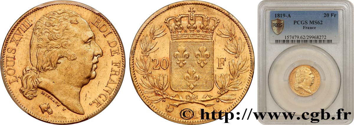 20 francs or Louis XVIII, tête nue 1819 Paris F.519/15 SPL62 PCGS