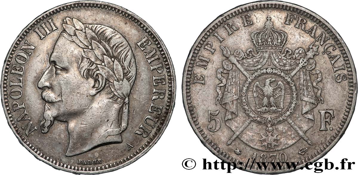 5 francs Napoléon III, tête laurée 1870 Paris F.331/16 BC+ 