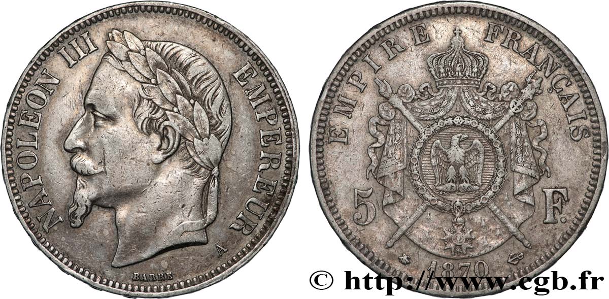 5 francs Napoléon III, tête laurée 1870 Paris F.331/16 TB+ 