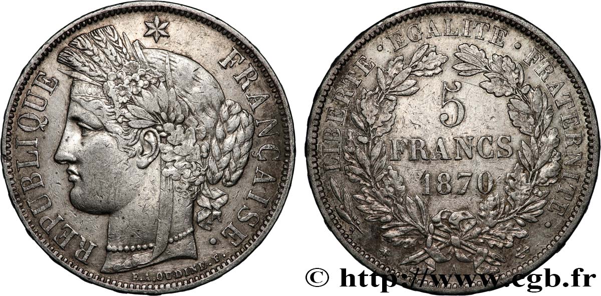 5 francs Cérès, avec légende 1870 Paris F.333/1 XF 