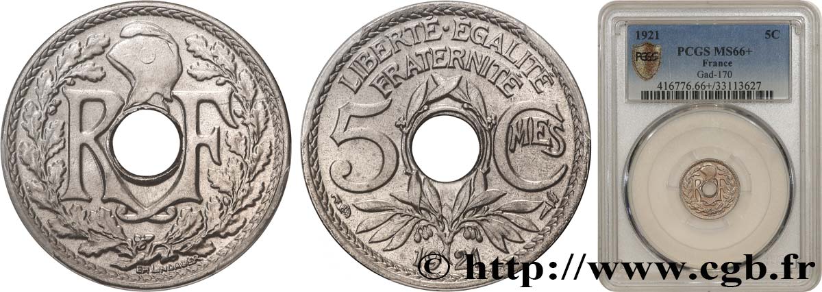 5 centimes Lindauer, petit module 1921 Paris F.122/3 FDC66 PCGS