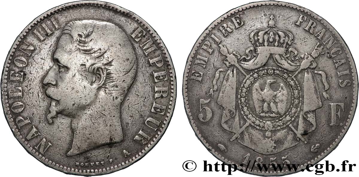 5 francs Napoléon III, tête nue 1855 Paris F.330/3 B+ 