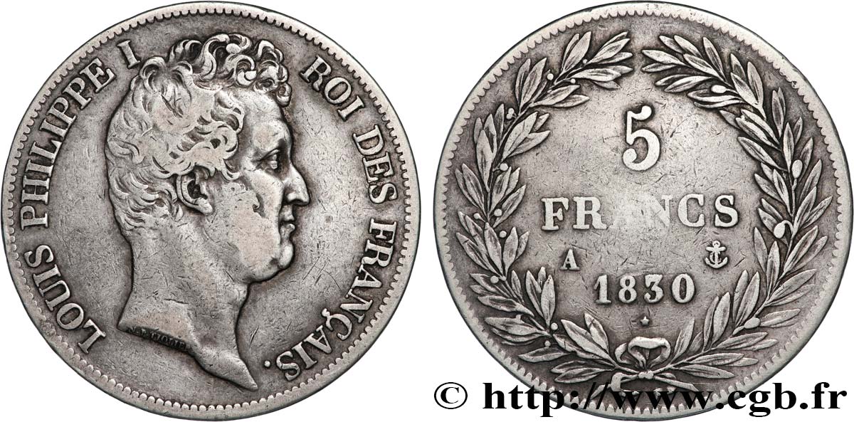 5 francs type Tiolier avec le I, tranche en creux 1830 Paris F.315/1 TB 