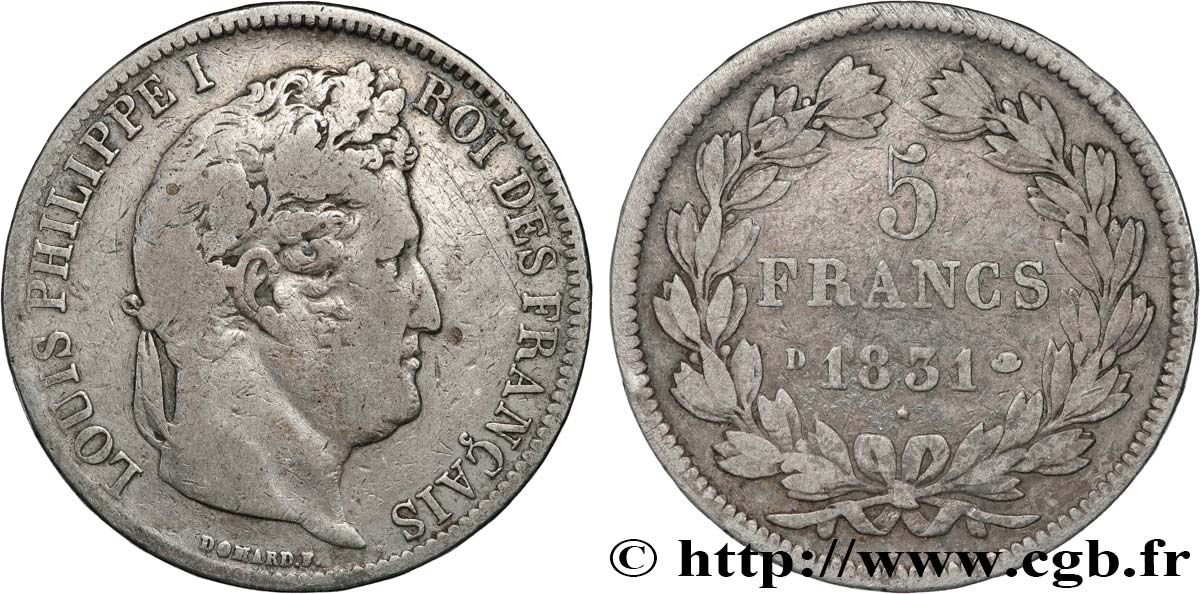 5 francs Ier type Domard, tranche en relief 1831 Lyon F.320/4 S15 