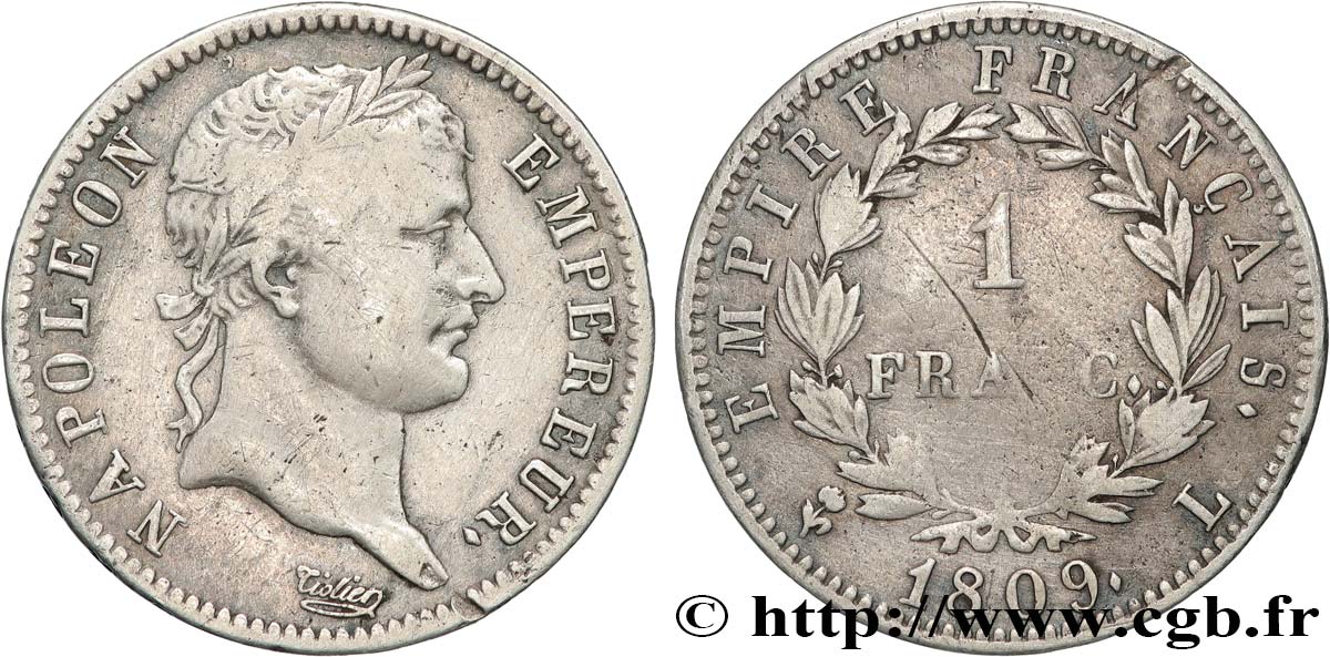 1 franc Napoléon Ier tête laurée, Empire français 1809 Bayonne F.205/6 TB 