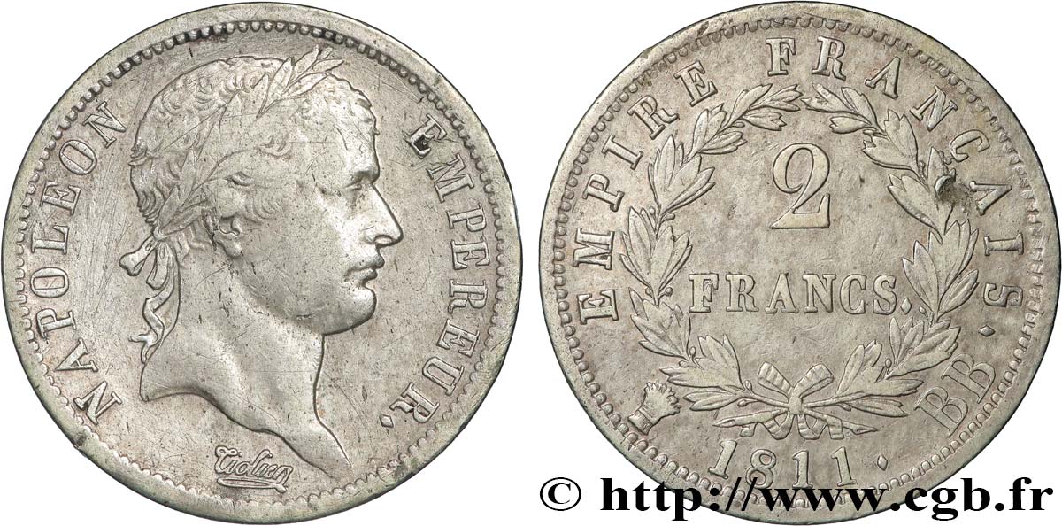 2 francs Napoléon Ier tête laurée, Empire français 1811 Strasbourg F.255/26 TB 