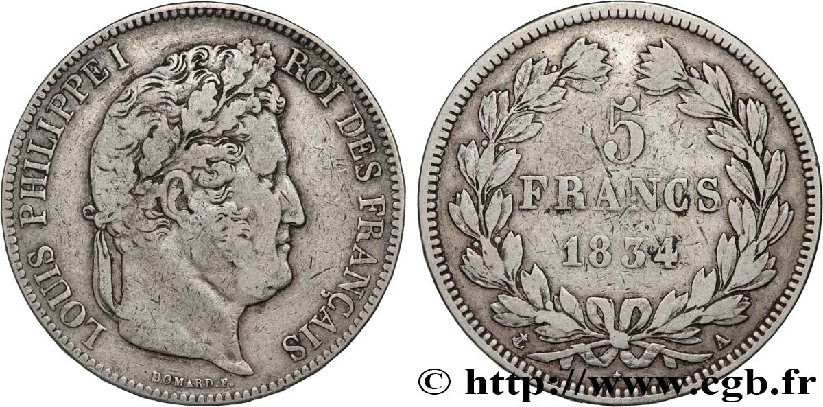 5 francs IIe type Domard 1834 Paris F.324/29 TB+ 