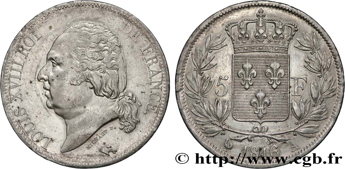 5 francs Louis XVIII, tête nue 1816  Paris F.309/1 TTB+ 