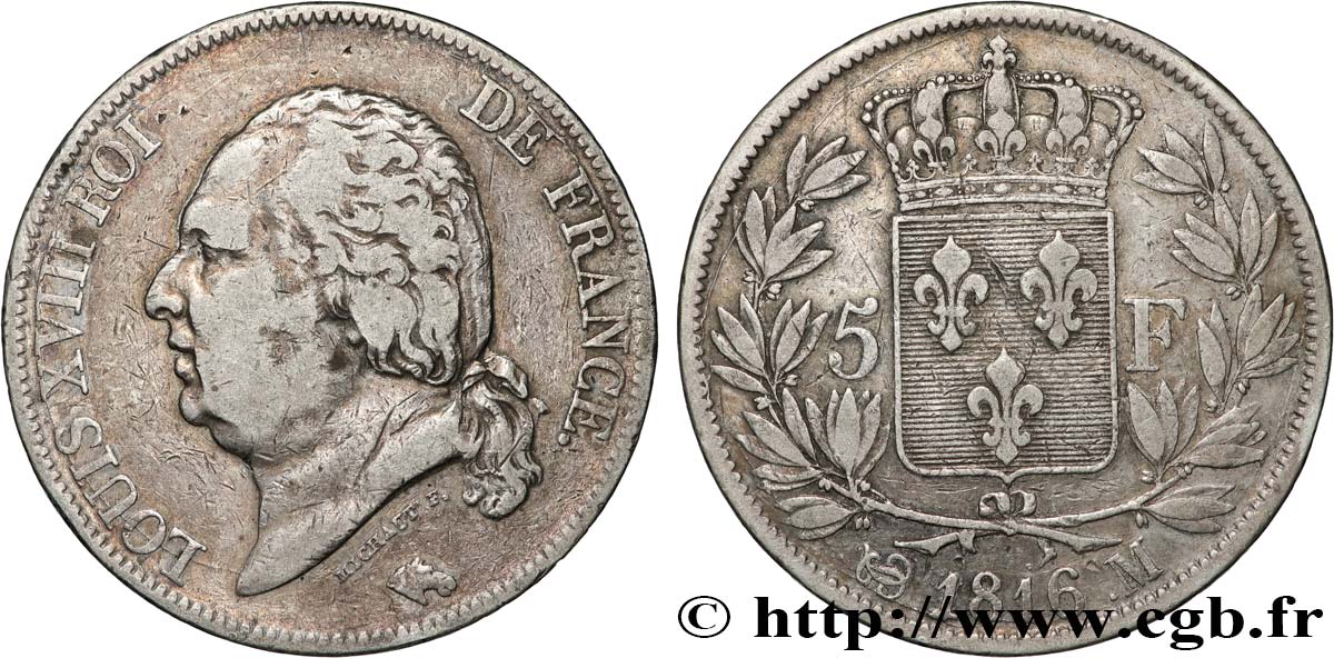 5 francs Louis XVIII, tête nue 1816 Toulouse F.309/9 TB 
