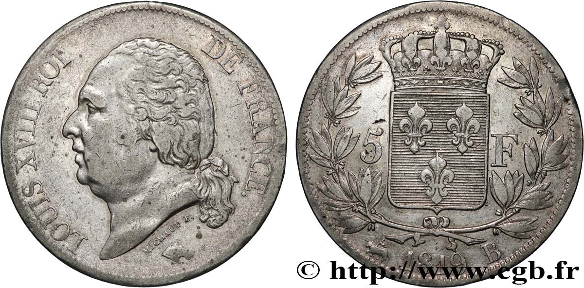 5 francs Louis XVIII, tête nue 1819 Rouen F.309/41 TTB 