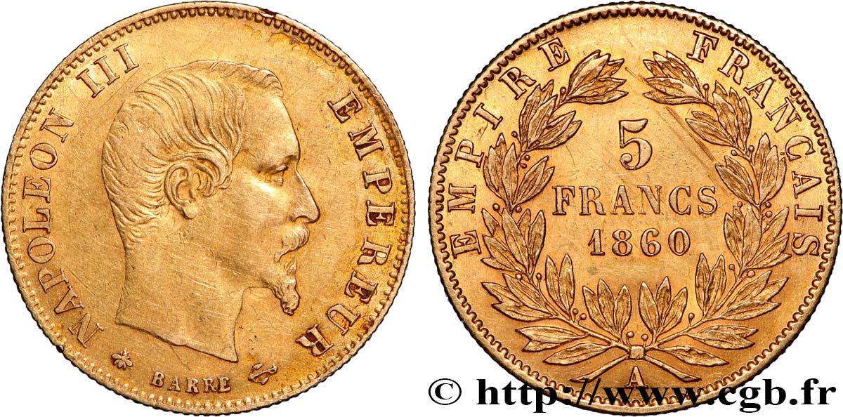 5 francs or Napoléon III, tête nue, grand module 1860 Paris F.501/11 TTB 