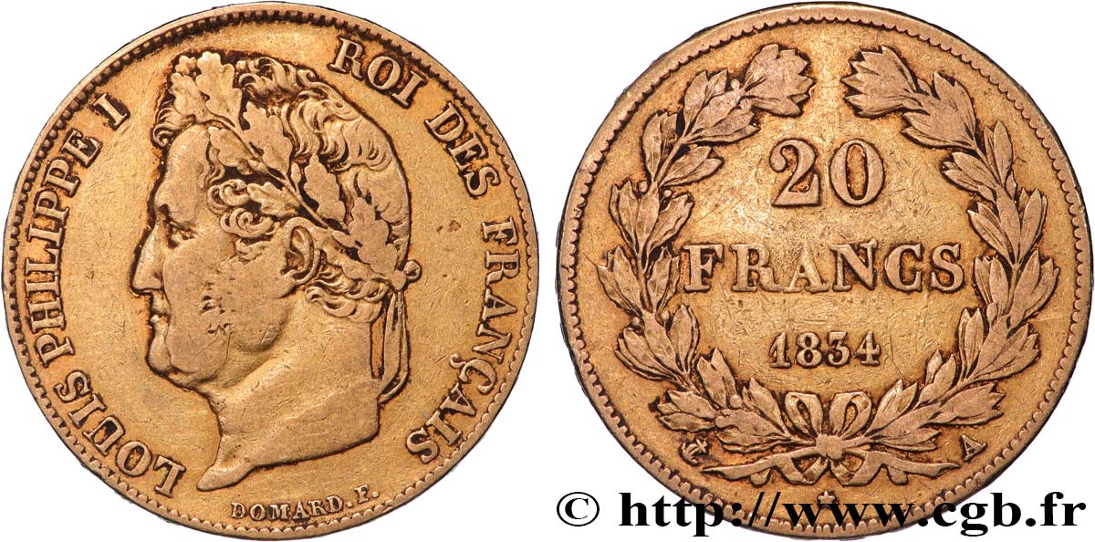 20 francs or Louis-Philippe, Domard 1834 Paris F.527/7 TB 