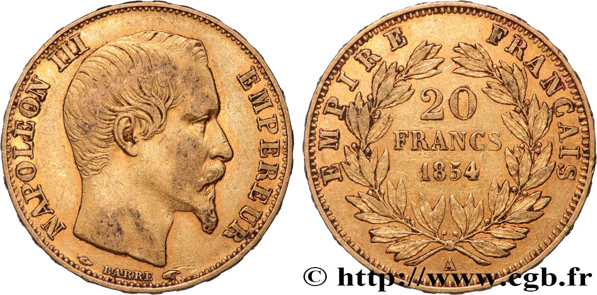 20 francs or Napoléon III, tête nue 1854 Paris F.531/2 TTB 