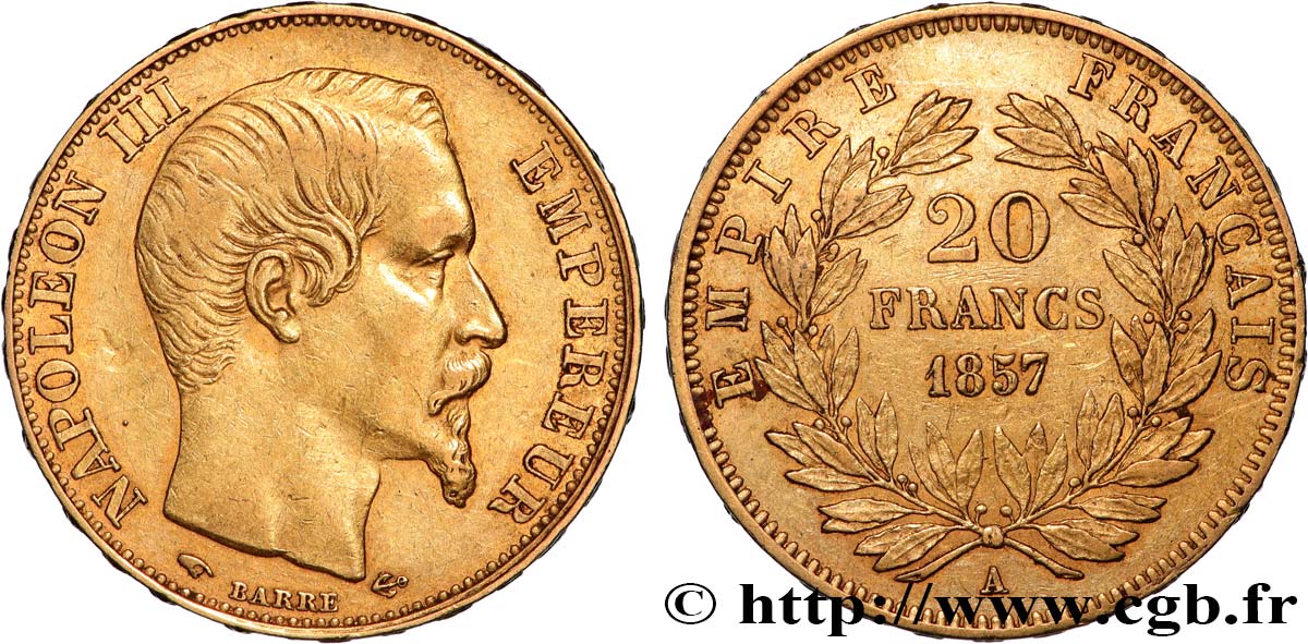 20 francs or Napoléon III, tête nue 1857 Paris F.531/12 BB 