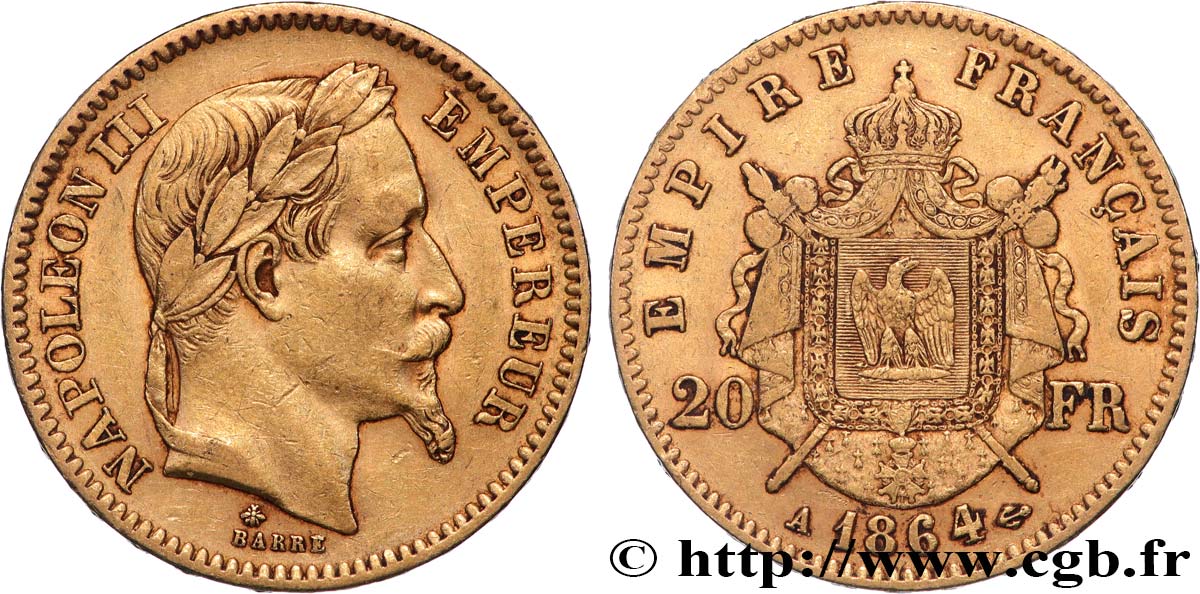 20 francs or Napoléon III, tête laurée 1864 Paris F.532/8 MBC 