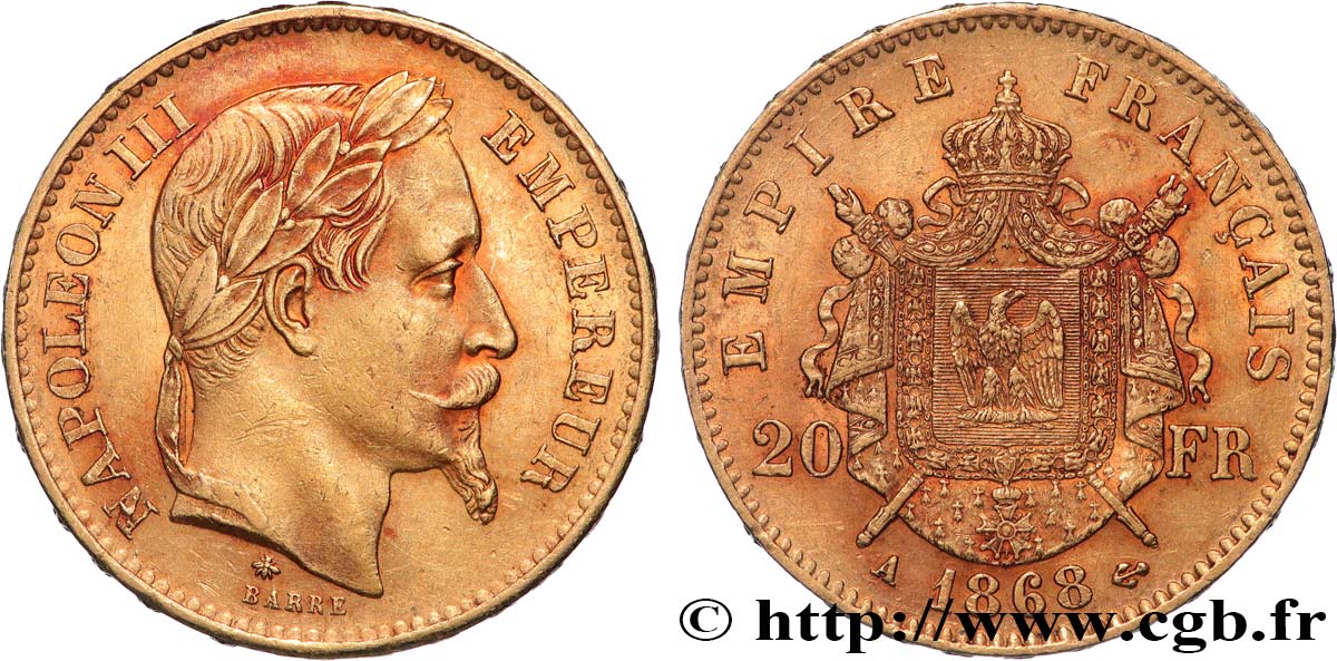 20 francs or Napoléon III, tête laurée 1868 Paris F.532/18 MBC 