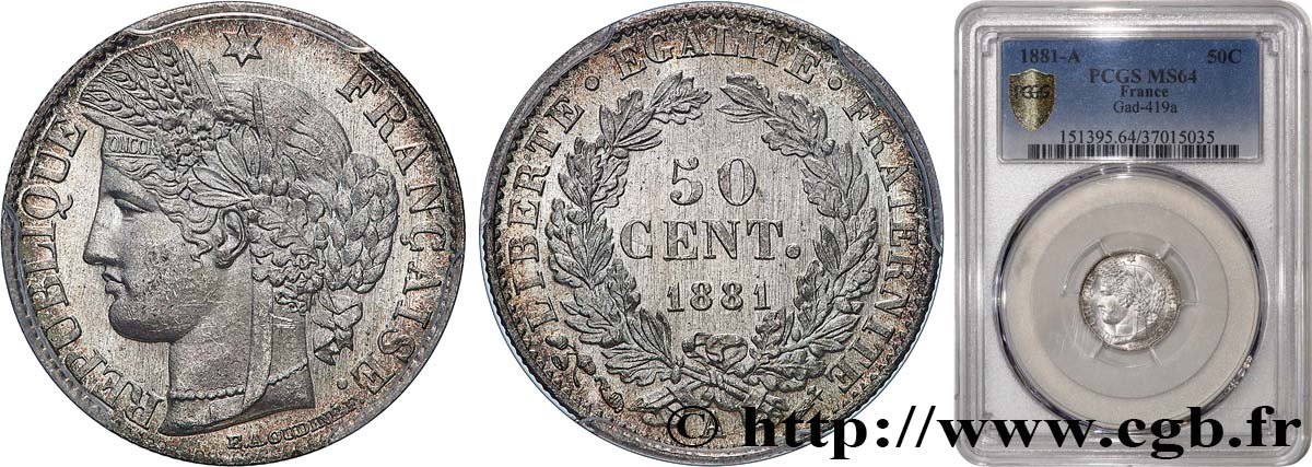 50 centimes Cérès, Troisième République 1881 Paris F.189/9 SPL64 PCGS