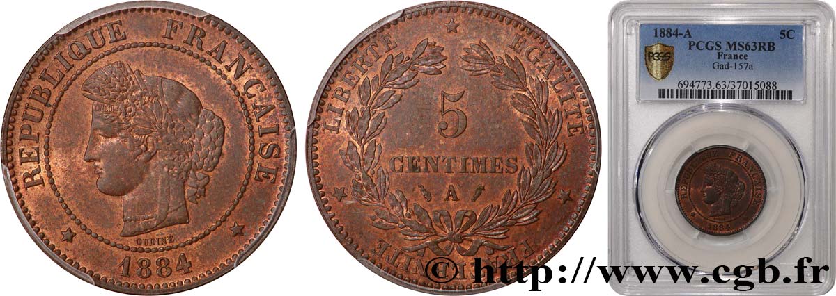 5 centimes Cérès 1884 Paris F.118/26 fST63 PCGS