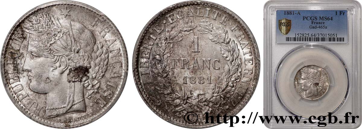 1 franc Cérès, Troisième République 1881 Paris F.216/8 SPL64 PCGS