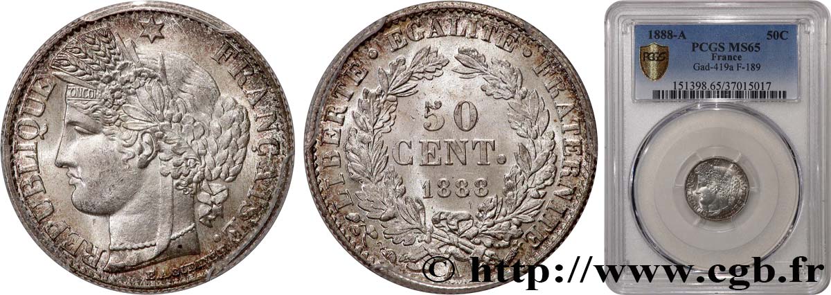 50 centimes Cérès, Troisième République 1888 Paris F.189/13 FDC65 PCGS