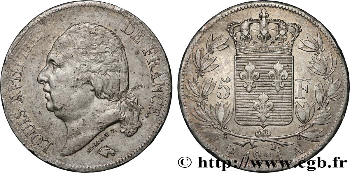5 francs Louis XVIII, tête nue 1821 Paris F.309/60 fSS 