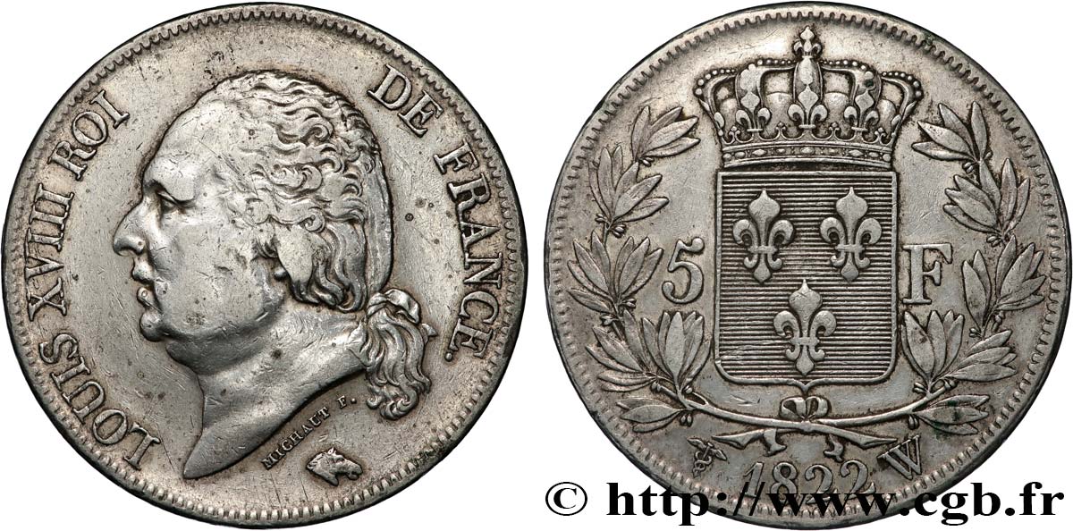 5 francs Louis XVIII, tête nue 1822 Lille F.309/75 VF 