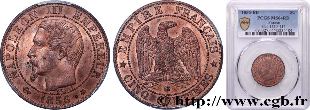 Cinq centimes Napoléon III, tête nue 1856 Strasbourg F.116/32 MS64 PCGS