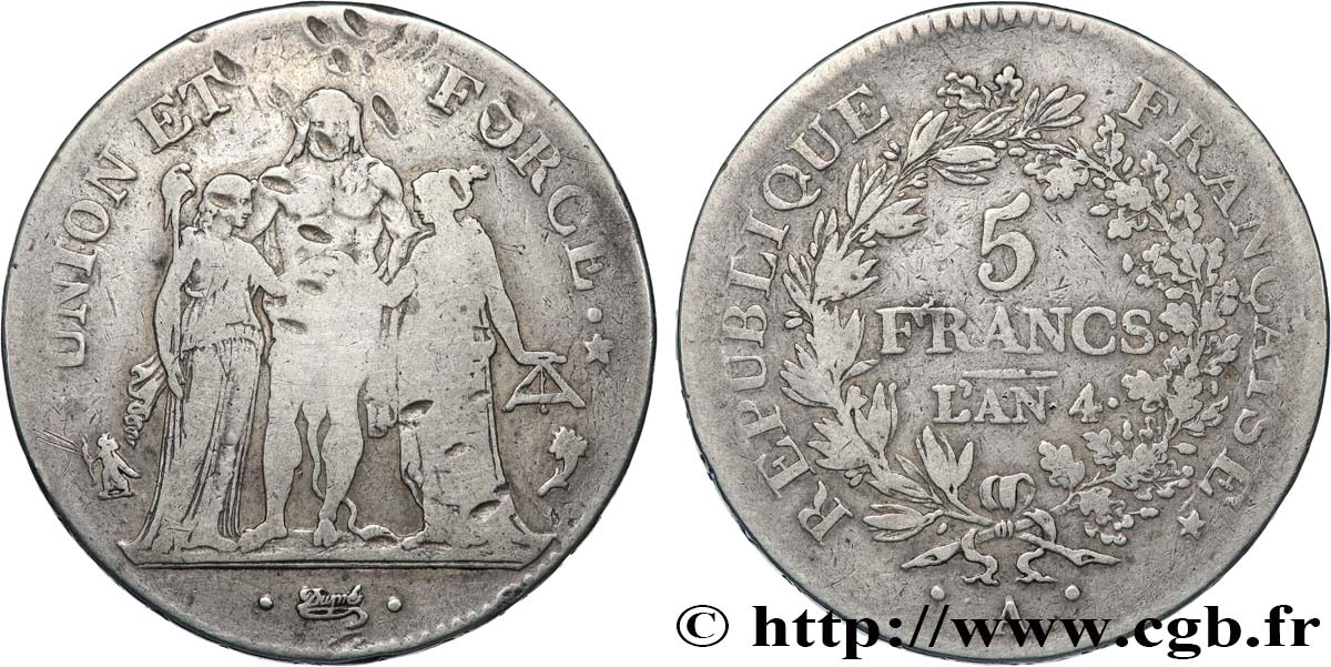 5 francs Union et Force, Union serré, avec glands intérieurs et gland extérieur 1796 Paris F.288/1 B+ 